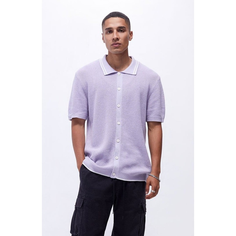 Pacsun Mens Lavender‎ Waffle Open Knit Button Up Polo Shirt Short Sleeve Size L